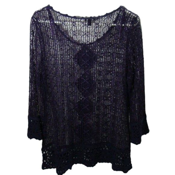 Lisa International Purple Scoop Neck Crochet Lace Tunic Beach Cover- Up Medium - Picture 1 of 11